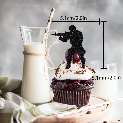 Vista 2 de 18 piezas de silueta negra con purpurina militar soldado postre decoración temática azul marino suministros de decoración para hombres y mujeres