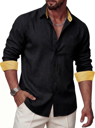 Vista 21 de Camisas de lino para hombre, casual, de manga larga, con botones, ajuste regular, cuello en contraste, con bolsillo