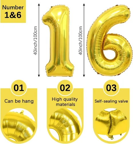 Vista 2 de Globos dorados de 40 pulgadas con números y letras del número 16, decoraciones de cumpleaños de 16 para niños, globos del número 6 y 1 incluidos Oro
