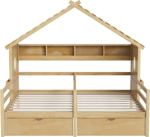 Vista 4 de Cama de plataforma de casa tamaño individual con estantería y cajones de Natural