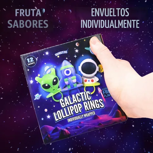 Vista 6 de Favoritos de fiesta del espacio exterior, anillos de piruletas galácticos envueltos individualmente, en forma de cohete, astronauta