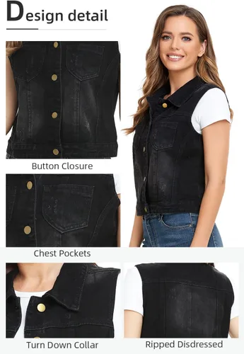 Vista 5 de Xeoxarel Chaleco de mezclilla para mujer, chaqueta vaquera sin mangas (XS-XXL)