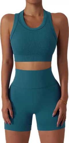 Vista 90 de Conjuntos de entrenamiento para mujer, 2 piezas, sin costuras, acanalada, sin mangas, brasier deportivo, cintura alta, pantalones cortos