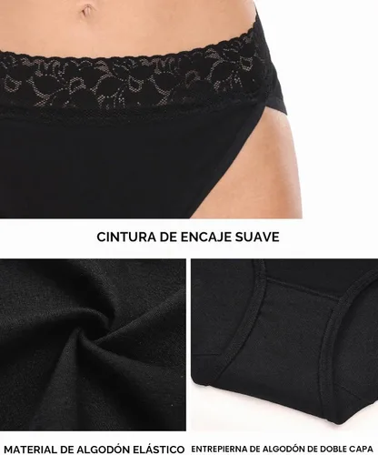 Vista 5 de RHYFF Ropa interior de algodón para mujer, bragas de encaje de corte alto Negro
