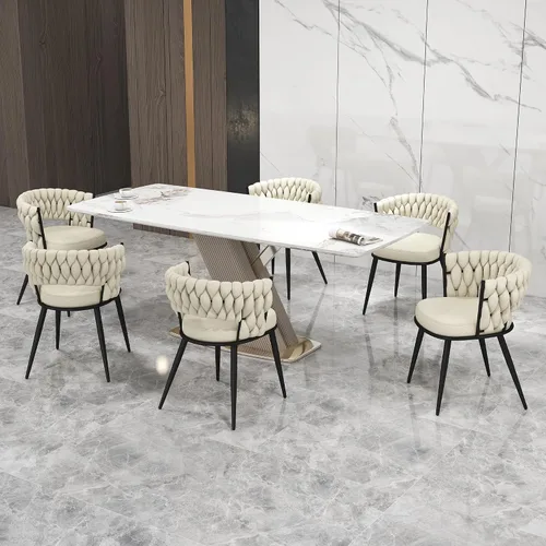 Vista 9 de Juego de 2 sillas de comedor tejidas, modernas sillas de comedor tejidas a mano con patas de metal negro, sillas tapizadas con marco negro