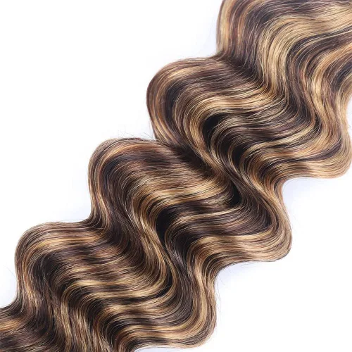 Vista 4 de P4/27 paquetes de cabello humano con reflejos marrones de onda profunda, paquetes de 10 pulgadas sin procesar rubio virgen rizado profundo