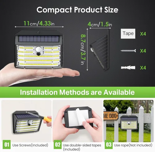 Vista 4 de CLAONER Luces solares para exteriores [126 LED], luces inalámbricas con sensor de movimiento, luces de seguridad impermeables IP65, 3 modos, ángulo