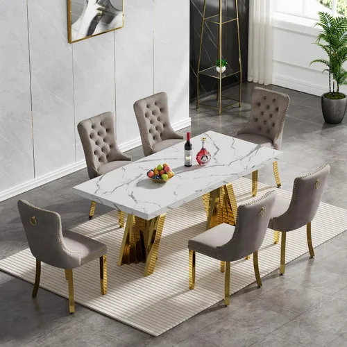 Vista 113 de Juego de 5 mesas de comedor, juego de mesa de cocina y comedor para 4, mesa de comedor rectangular de mármol sintético negro de 70 pulgadas con base