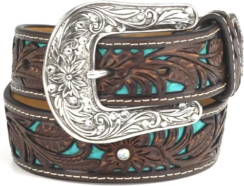 Vista 2 de ARIAT Cinturón floral marrón juvenil con incrustaciones de turquesa pintadas