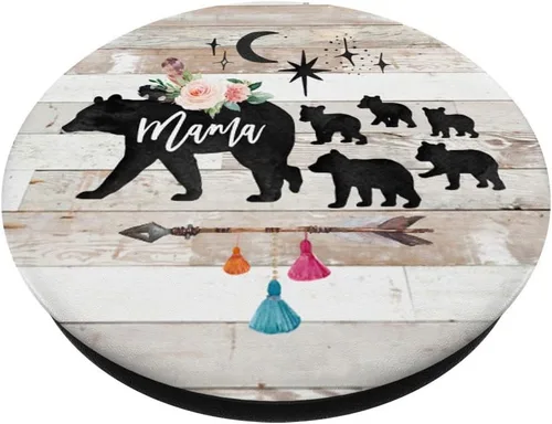 Vista 2 de Mama Bear Five - Ganchos de madera rústica para bebé, flores, flores, flechas de bohemio, agarre y soporte para teléfonos y tabletas, Negro