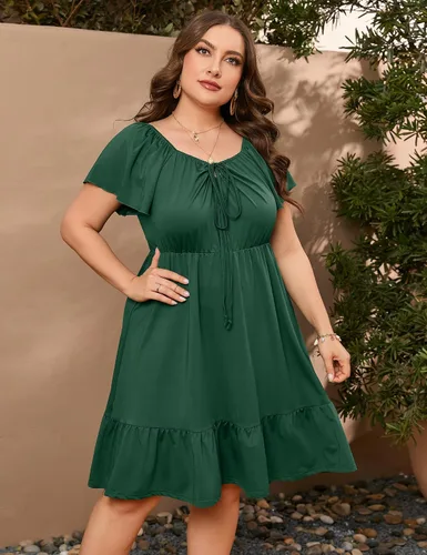Vista 4 de ShopWonder Vestidos hawaianos de talla grande para mujer, vestido de cuello cuadrado, manga corta, casual, acampanado, vestido de verano