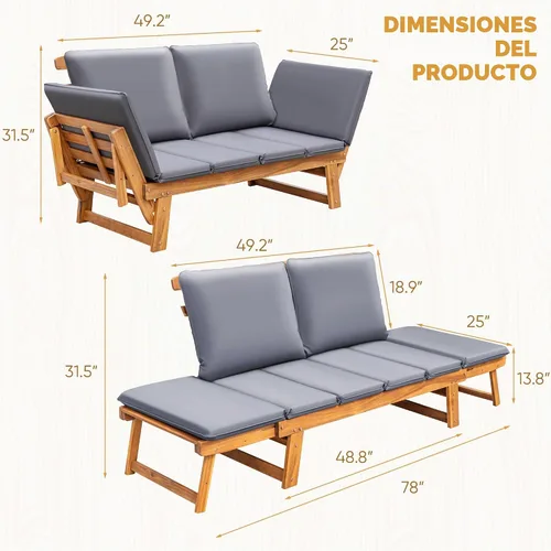 Vista 3 de Greesum - Sofá cama convertible para patio con reposabrazos ajustables, cama de día de madera de acacia para exteriores con cojín y almohada, banco