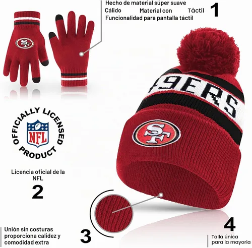 Vista 4 de Ultra Game Adults NFL Official Super Soft Winter Beanie Knit Hat With Warm Touch Screen Gloves Color del equipo 1