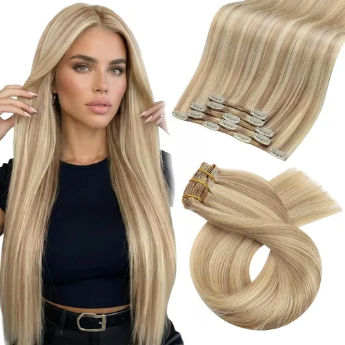 Vista 64 de Moresoo Extensiones de cabello humano con clip, balayage, color marrón oscuro a marrón dorado con clip, extensiones de cabello humano con clip, 5