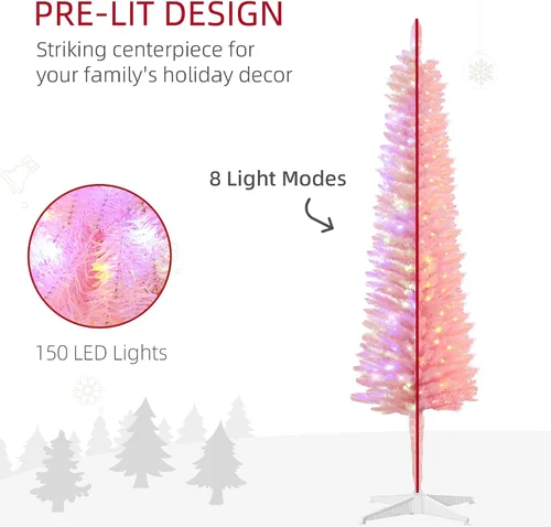 Vista 5 de HOMCOM Árbol de Navidad artificial preiluminado de 1.5 m en forma de lápiz, decoración festiva con 250 ramas superficiales coloridas, 150 luces LED
