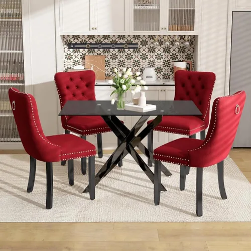 Vista 17 de Juego de mesa de comedor de 51 pulgadas de vidrio para 4, mesa de cocina rectangular de vidrio con 4 sillas tapizadas con acentos de terciopelo