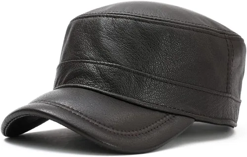 Vista 7 de Hombres Lambskin Leather Cadet Army Caps Military Caps Flat Top Cap