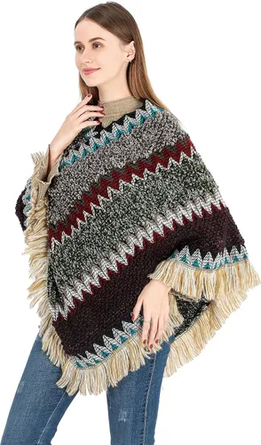 Vista 3 de SherryDC Poncho con flecos de punto en zigzag para mujer