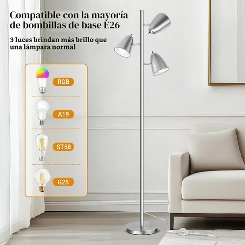 Vista 6 de QiMH Tree Floor Lamp with 3 Light Bulbs, Standing Tall Pole Lamps for Living Room Bedroom Office, Reading Stand up Lamps with 3 Adjustable Brushed