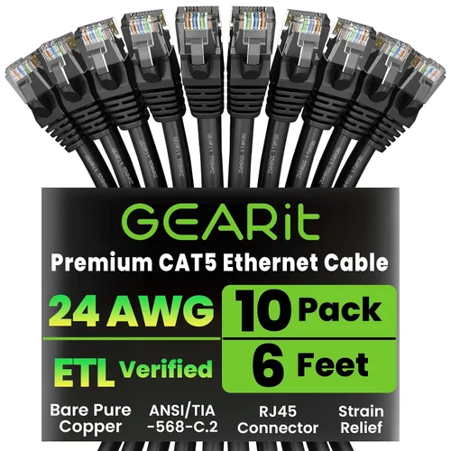 Vista 10 de GearIt Paquete de 10 cables de conexión Ethernet Cat5e de 10 pies, cable de red LAN RJ45 sin enganches, color negro