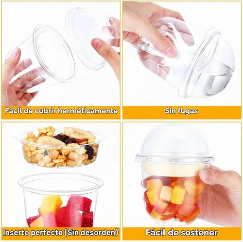 Vista 3 de 60 paquetes de tazas de postre transparentes de plástico con tapas de cúpula sin agujero, desechables, con cuchara-tenedor insertado, redondas