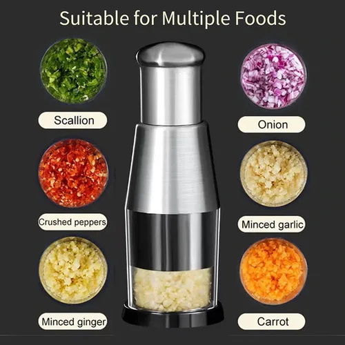 Vista 5 de Picadora multifuncional de ajo de acero inoxidable, prensa de cebolla, picadora manual de verduras, fácil limpieza, plata