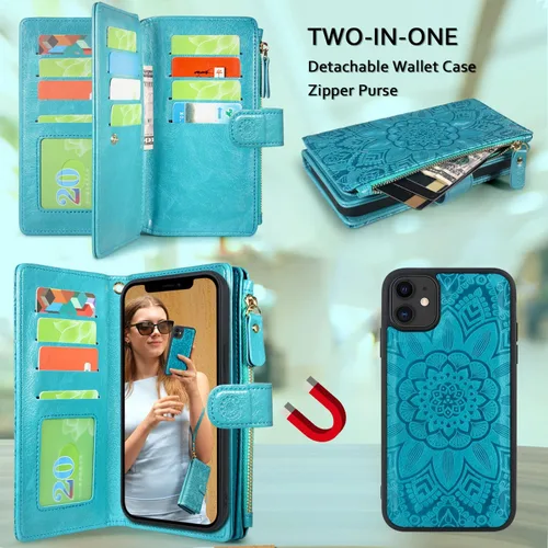 Vista 3 de Harryshell Cartera de cuero con cremallera magnética desmontable con bolsillo para efectivo con ranuras para tarjetas, correa de muñeca para iPhone