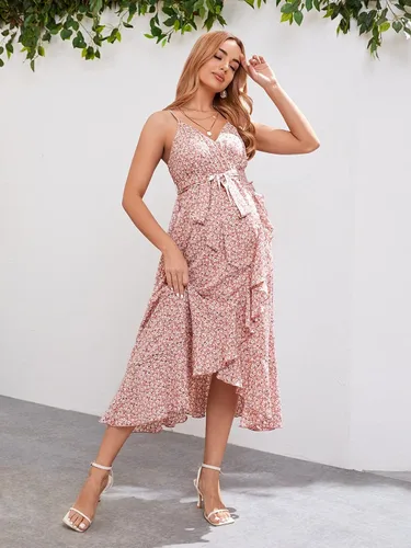 Vista 5 de OYOANGLE Vestido midi bohemio con estampado floral y tirantes delgados, cuello en V, volantes, cintura alta, cinturón, acampanado, para mujer
