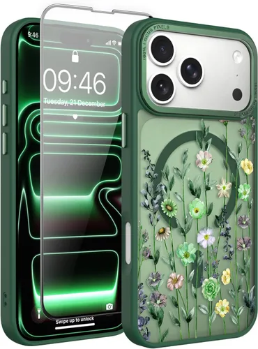 Vista 11 de Magnético para iPhone 13 con protector de pantalla [Compatible con MagSafe] Diseño de patrón floral de flores bonitas, funda delgada a prueba