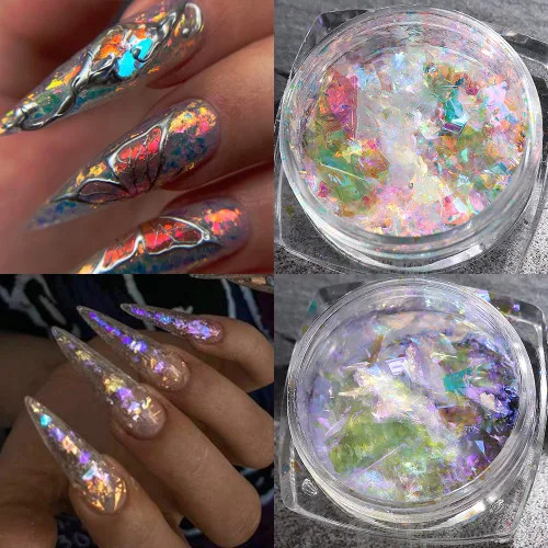 Vista 5 de Polvo de uñas cromado iridiscente, 6 cajas de copos de ópalo de fuego de cristal para arte de uñas, lentejuelas holográficas de sirena con purpurina