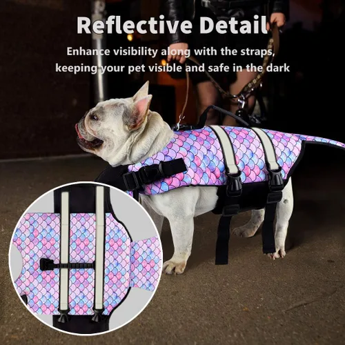 Vista 7 de Chaleco salvavidas para perros, tejido antidesgarros Ripstop, chaleco flotante ajustable para perros, reflectante, duradero, con asa de rescate