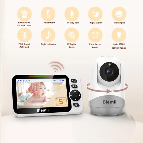Vista 2 de Blemil - Monitor de bebé con batería de 30 horas, monitor de vídeo para bebé con pantalla grande dividida de 5 pulgadas, con cámara y audio, batería