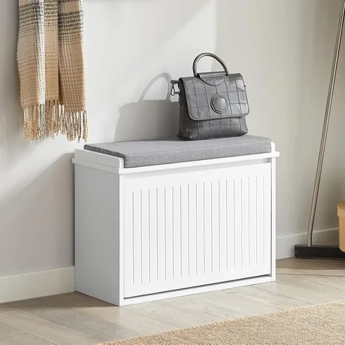 Vista 6 de Haotian Banco de zapatos pequeño, banco de almacenamiento con cojín de asiento extraíble, otomana para entrada y dormitorio, 2 cajones abatibles