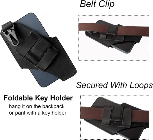 Vista 4 de Gentlestache Funda de cuero para teléfono celular con clip para cinturón, bolsa de cuero para iPhone Samsung Motorola, funda para cinturón con Negro