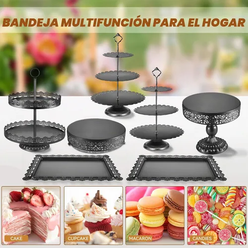 Vista 5 de Soporte de pastel negro, juegos de exhibición para mesa de postres, soporte de cupcakes metálico escalonado, bandeja de servir de comida, fruta