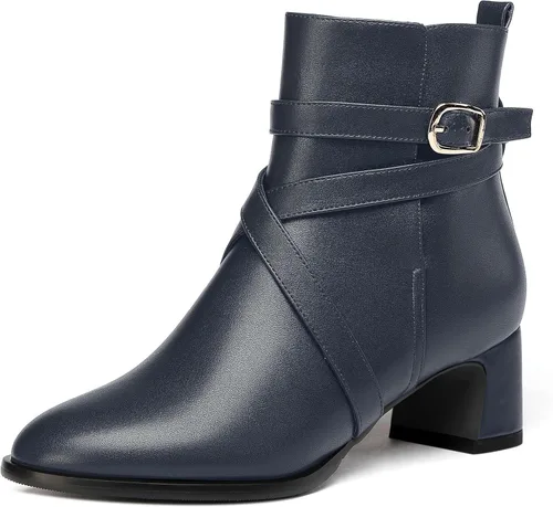 Vista 20 de WAYDERNS Botas altas de tobillo con hebilla casual para mujer, con correa de tobillo sólida mate, tacón bajo y grueso, 2 pulgadas