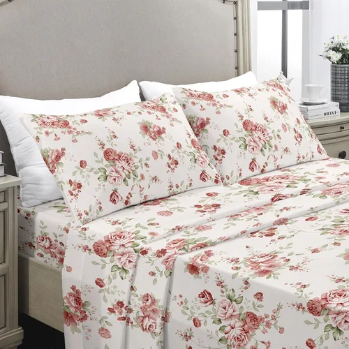 Vista 19 de YIYEA Juego de sábanas individuales, sábanas de hotel de calidad de 1800 hilos de microfibra doble cepillada con flores para cama individual, extra