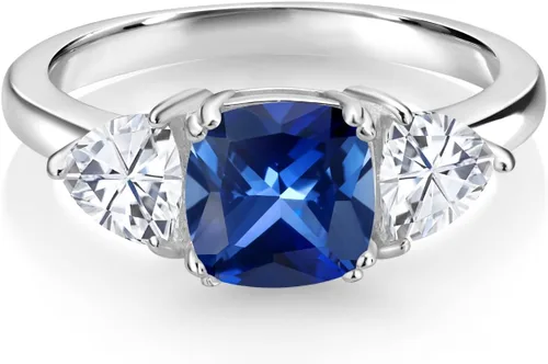 Vista 14 de 925 Sterling Silver Gemstone Birthstone and White Moissanite 3-Stone Engagement Ring for Women 7MM Cushion and 5MM Trillion Accents Three Stone