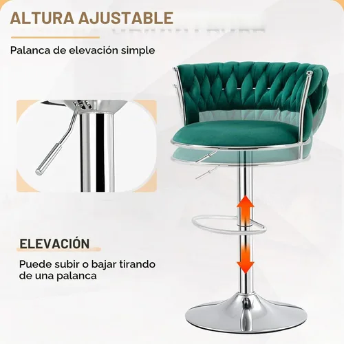 Vista 7 de Juego de 3 taburetes de bar verde esmeralda, modernos taburetes de bar giratorios de 360° con base plateada, sillas de bar de terciopelo, taburete
