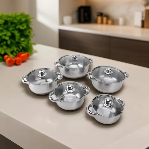 Vista 9 de Generic Juego de ollas de acero inoxidable, elegantes utensilios de cocina con mango de desgaste térmico, tapas de vidrio, base apilable, juego de 5