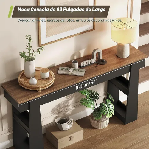 Vista 5 de Mesa consola de 63 pulgadas de largo para entrada, mesa de entrada de madera con estantes de 2 niveles, mesa de sofá grande detrás del sofá, mesa