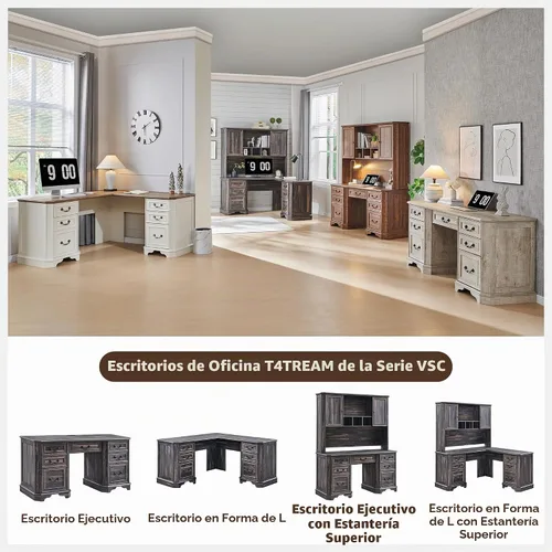 Vista 6 de T4TREAM - Escritorio ejecutivo en forma de L de 59 pulgadas con cajones, escritorio de computadora de madera estilo granja, con estación de carga