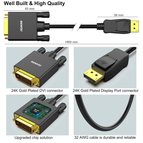 Vista 6 de BENFEI - Cable DisplayPort a DVI de 3 pies, unidireccional