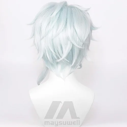 Vista 5 de Peluca de cosplay de anime con mezcla de plata con cabello azul claro Custome para fiesta temática de Halloween con gorra
