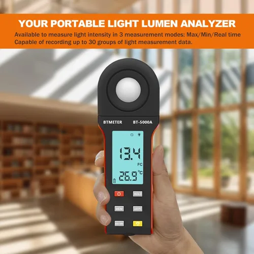 Vista 5 de BTMETER Light Lux Meter Logger BT-5000A, probador digital de lúmenes de medición de nivel de iluminación Intensidad 0.1 ~ 400.000 Lux(0.1 ~ 40.000
