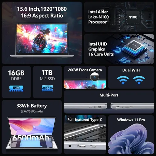 Vista 4 de 2026 última computadora portátil, 16 GB RAM 1 TB SSD, pantalla IPS 2K FHD de 15.6 pulgadas, 12ª CPU Quad Core N100 (3.4GHz), 2.4G/5G WiFi/BT5.0