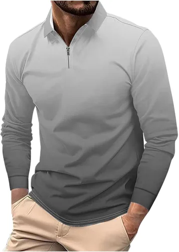 Vista 10 de Camisas para hombres de moda grande y alto de manga larga, color degradado, con cremallera de un cuarto, camiseta polo casual suelta deportiva