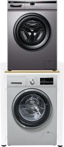 Vista 6 de Soporte apilable para lavadora y secadora, estantes resistentes para lavadora y secadora con estante ajustable, para lavandería, apartamentos