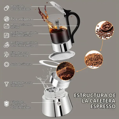 Vista 3 de Cafetera de acero inoxidable de cristal transparente Moka Pot 4 Cup 7.4 fl oz