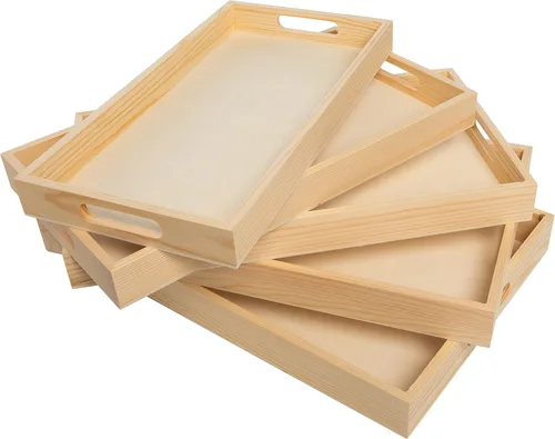 Vista 6 de Bandejas de madera anidadas para servir, bandejas rectangulares sin terminar con asas recortadas para manualidades, otomanos, servir y decoración